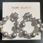 Tory Burch New Authentic  Silver Britten Pearl Logo Earrings on TB Earring Card Photo 0