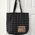 FEED Black White Grid Plaid Brown Leather Strap Tote Bag Nest Artisans Photo 0