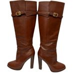 Fendi Women’s Cognac Brown Leather New High Heeled Boots Size 39 8.5 Gold Buckle Photo 1
