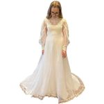 Vintage 1960s Lace Illusion High Neck Bridal Wedding Gown w/ Train XS White Photo 15