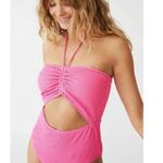 Cotton On Gathered Tie Front Halter One Piece Cheeky Swimsuit Pink Crinkle L Photo 0