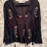 ZARA Trafaluc Boho Black Floral Embroidered Sheer Long Bell Sleeve Peasant Top M Photo 0