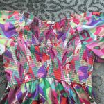 Pink Blush Jodifl Multi-Color Satin Smocked V-Neck Maternity Dress Large Photo 4