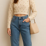 Urban Outfitters Size Medium Cream Cropped Sweater With Gold Pom Pom's Coquette Photo 1