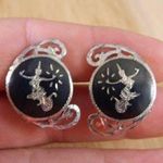 Vintage Siam Sterling Silver Screw Back Earrings, Thailand Niello Goddess Black Photo 3