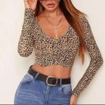 SheIn tan black leopard cropped long sleeve shirt top with v neck ruch neckline Photo 0