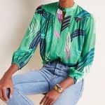 Anthropologie The Odells Kelly Green Peasant Blouse Geometric Print Size Small Photo 0