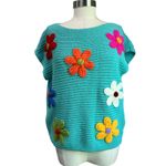 BiBi Blue Teal Floral Crochet Knit Short Sleeve Sweater Top Sz M Size M Photo 1