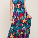 Skies Are Blue Navy Blue Tropical Floral Satin Maxi Dress Photo 1