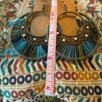 Boho Statement Earrings Bronze Filigree Blue Thread Wrap Large Drop Dangle Photo 1