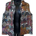 Chico's Embroidered Mixed Media Patchwork Open Front Collared Cotton Silk Vest Photo 0
