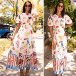 Alemais Theo Midi Dress Tropical Print Linen Cotton Puff Sleeve Size 0 NWT White Photo 11