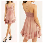 Free People Adella Slip Dress Mini Rose Lace Adjustable Ruffle Smocked S New Photo 1