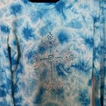 Reba Vintage  Tie Dye Long Sleeve Shirt Rhinestone Cross‎ Blue White Size S Photo 1