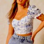BANJUL  Blue Porcelain Floral Print Puff Sleeve Corset Crop Top size M . Photo 2