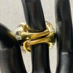 Mens Statement Ring Large Square Pink Gemstone Gold Tone Bold Fashion Ajustable Photo 3