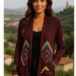 Billabong  Aztec Knit Sweater Cardigan Open Front Tribal Boho Maroon M Cali Surf Photo 1