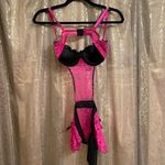 Hot Pink Black Lace Padded Push Up Tie Back Baby Doll Lingerie Med NWOT Photo 1