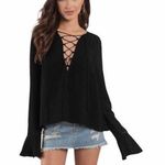 Tobi Lexi Lace Up Bell Sleeve Long Sleeve Black Blouse Top Small Photo 0