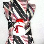 “Dainty Dapper”Festive Striped Tie Necklace with adorable snowman brooch Black Photo 3