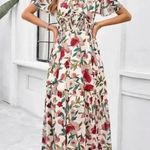 Garden Party Floral Slit Maxi Dress Ruffle Hem Waistband Autumn Beige Boutique Tan Size XL Photo 3