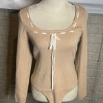 Le Lis Collection Long Sleeve Square Neck Bodysuit Beige Ribbon Tie Women's L Tan Size L Photo 0