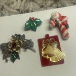 Lot Of 4 Christmas Holiday Brooch Pins Bell / Holly Leaves / Candy Cane / Flower Photo 0