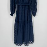 Moon River Navy Polka Dot Midi Dress Small Sheer Long Sleeve Ruffle Tie Belt Photo 8