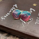 Vintage 1990s Pastel Paint Swirled Gold Tone Enamel Circle Stud Earrings Photo 4