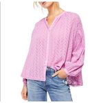 Free People  Maddison Eyelet Blouse Orchid L Button Front Long Sleeve Oversized Photo 2