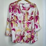 JM Collection  Linen Floral Button Down Blouse Top Wmns Sz 18 Pink Tan Roll Tab Photo 0