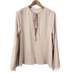 Olivaceous Light Pink Tan Boho Flowy Tassel Tie Key Hole Neck Long Sleeve Top Photo 19