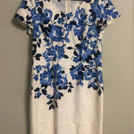 Talbots  Floral Blue White Sheath Dress Size 8 Medium Short Sleeve Cotton Classy Photo 0