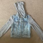 American Eagle Outfitters blue jean jacket with gray sweatshirt sleeves and hood Photo 0