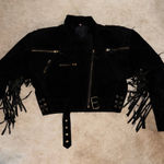 Leather suede fringe Black cropped Jacket with chunky gold buckles Size M Photo 0