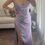 GB Social Corset Cowl Neck Lace-Up Back Slit Hem Satin Long Dress Photo 0