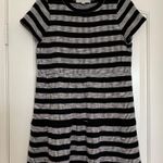 Loft  Black Knit Striped Short Sleeve Tiered Mini Dress, Petite Medium Photo 1