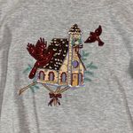 Vintage Gray Christmas Sweatshirt Large Cardinal Bird House Embroidered Crew Photo 2