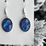 Handmade Poured Paint Oval Earrings Blue Purple Swirl Stainless Steel Artisan Photo 1