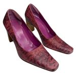 Bisou Bisou new  ❥ Python Leather Square Toe Sculptural Wood Heel Pumps ❥ Pink Photo 8
