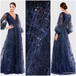Mac Duggal  20283 Womens Blue Embellished Plunge Neck Puff Sleeve A Line Gown Photo 2