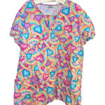 VTG 90’s Crest Scrub Top Rainbow Hearts Pink Ribbon Print Pockets Women’s Large Photo 0