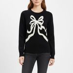 C Wonder Black Knit Sweater Cream Bow Applique Crew Neck Long Sleeve Size S Photo 5