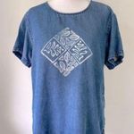Adorable Vintage Denim Shirt Top Short Sleeve Sz M (?) Leaf Print Design Blue Size M Photo 0