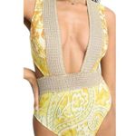 River Island  Yellow Metallic Paisley Plunge Swimsuit Size 4 US NWT Photo 4