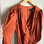 Maison Tara Rust Satin Ruched Midi Dress Size 4 Puff Sleeve Wrap Cocktail Orange Photo 4