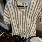 Linen Blend Striped Button and Tie‎ Front White and Green Photo 5