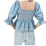 American Eagle Denim Chambray Peplum Top Smocked Embroidered Size Small Photo 1
