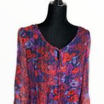 Ella Moss  Silk Floral Purple Red Gold Metallic Stripe Sheer Tie Neck Blouse sz M Photo 1