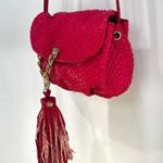 Henri Bendel Small Drawstring Bucket Crossbody Tassel Fish Leather Emboss Pink Photo 5